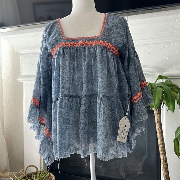 NWT Cousin Earl Lagenlook Florentine Blue Orange Bell SleevesTop Oversized Boho - Picture 3 of 16